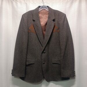J Chisholm Mens 42R Wool Blend Blazer Leather Accents Western Vtg